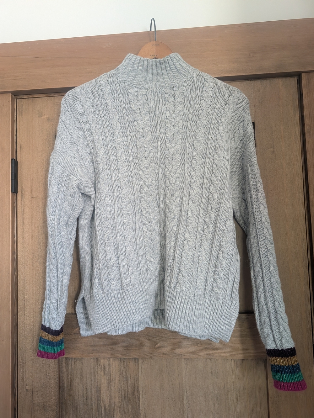 Boden Light Gray Cable-Knit Mock Neck Sweater with Multicolor Stripe Cuffs